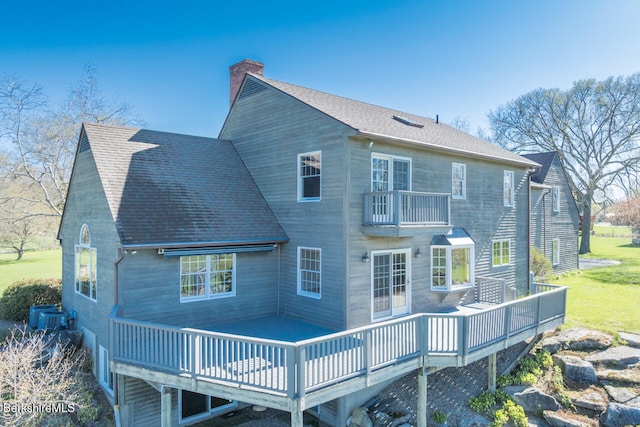 1166 Rannapo Rd, Sheffield, MA 01257 - rear view of property featuring a balcony, a chimney, a wooden deck, and roof with shingles