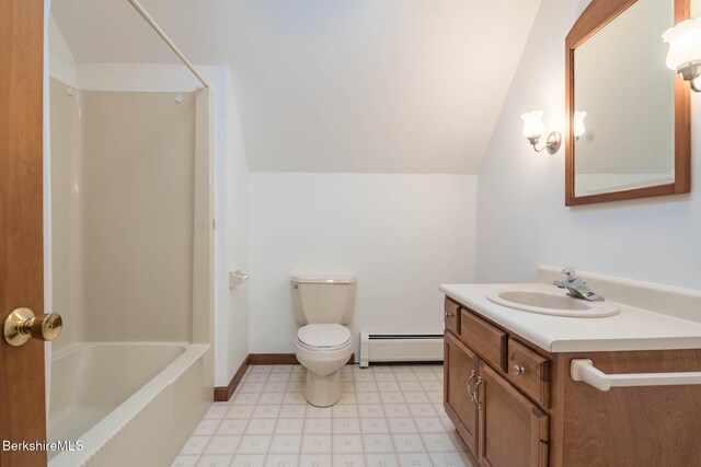1166 Rannapo Rd, Sheffield, MA 01257 - full bath with baseboard heating, toilet, lofted ceiling, vanity, and tile patterned floors