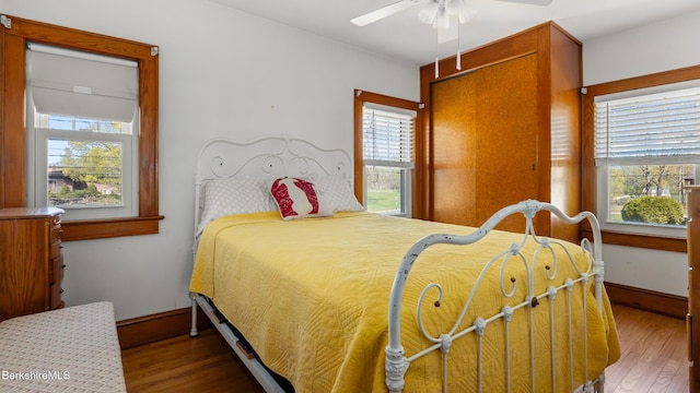 bedroom featuring baseboards, multiple windows, and wood finished floors