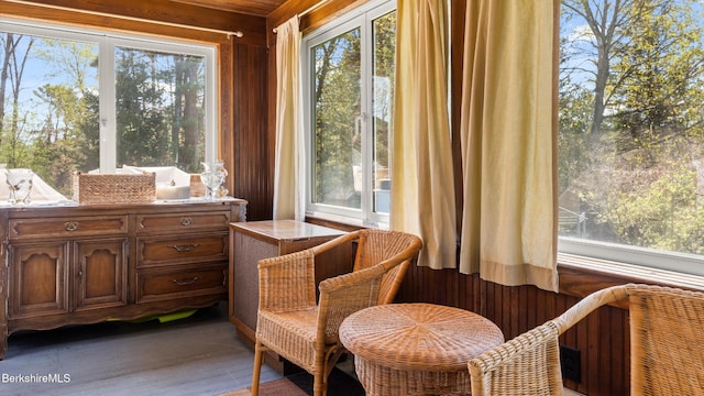 living area featuring wood walls, a wealth of natural light, and wood finished floors