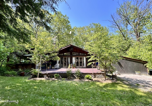 305 Shadow Ln, Sandisfield, MA 01255 - rear view of house featuring a deck, french doors, and a lawn