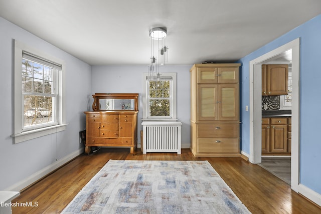 unfurnished dining area featuring radiator and dark hardwood / wood-style flooring