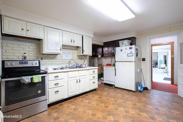 kitchen with white cabinets, white appliances, backsplash, and sink