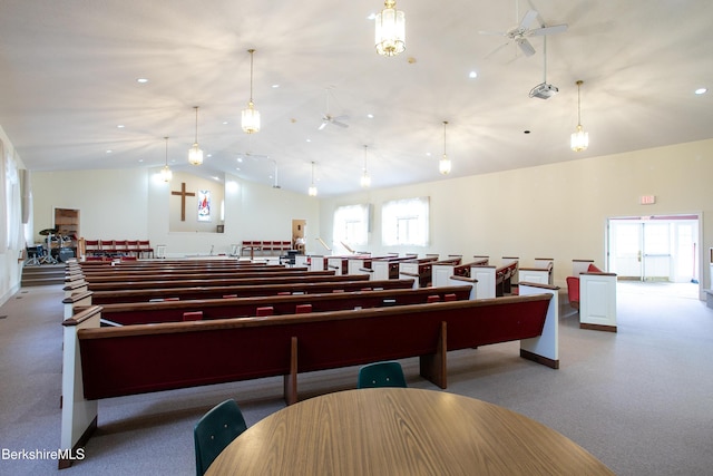 miscellaneous room featuring ceiling fan, plenty of natural light, and high vaulted ceiling