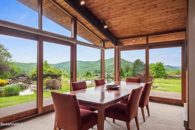 21 Kalliste Hl, Great Barrington, MA 01230 - sunroom with carpet flooring, a mountain view, and wooden ceiling