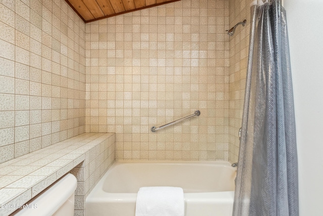 21 Kalliste Hl, Great Barrington, MA 01230 - bathroom with toilet, shower / bath combo with shower curtain, and wood ceiling