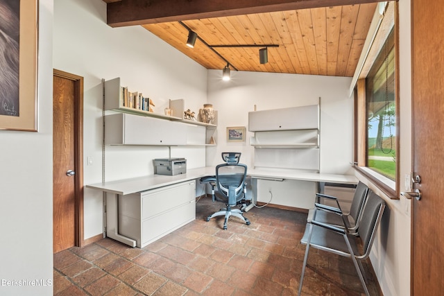 21 Kalliste Hl, Great Barrington, MA 01230 - home office with built in study area, wooden ceiling, lofted ceiling, baseboards, and brick floors