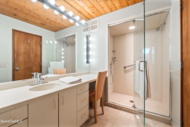 21 Kalliste Hl, Great Barrington, MA 01230 - bathroom featuring a shower stall, vanity, and wood ceiling