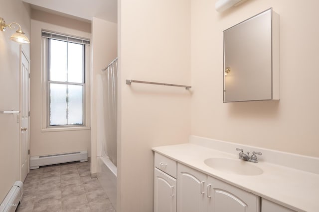 36 Holden St Unit A, North Adams, MA 01247 - full bathroom with a baseboard radiator, vanity, and shower / bathtub combination with curtain