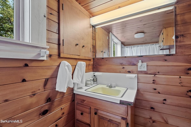 381 Egremont Rd, Sheffield, MA 01257 - bathroom with wooden ceiling, vanity, and wood walls