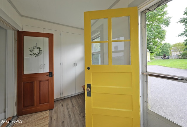 doorway to outside with wood-type flooring