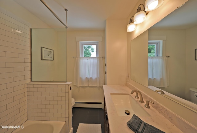 full bathroom featuring tile patterned floors, a healthy amount of sunlight, a baseboard heating unit, and toilet