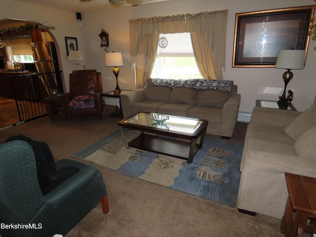 94 Gale Ave, Pittsfield, MA 01201 - living area featuring carpet, a baseboard radiator, and arched walkways