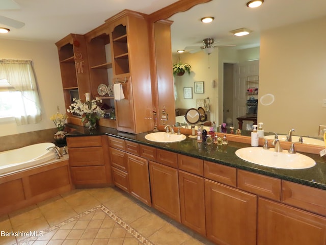 94 Gale Ave, Pittsfield, MA 01201 - full bathroom featuring tile patterned floors, ceiling fan, double vanity, a garden tub, and inlaid floor details