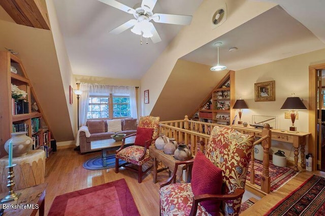 2232 Jacobs Ladder Rd, Becket, MA 01223 - living area featuring a ceiling fan, wood finished floors, and lofted ceiling