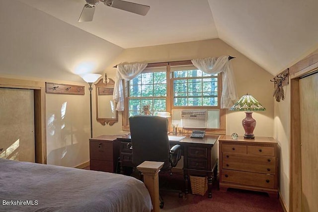 2232 Jacobs Ladder Rd, Becket, MA 01223 - bedroom with vaulted ceiling, cooling unit, carpet flooring, a desk, and a ceiling fan