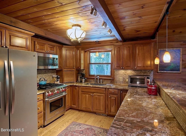 2232 Jacobs Ladder Rd, Becket, MA 01223 - kitchen with appliances with stainless steel finishes, a wooden ceiling with exposed beams, brown cabinetry, light wood-style flooring, and stone counters