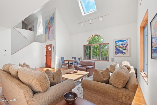 living room with track lighting, high vaulted ceiling, light wood-style flooring, baseboards, and a skylight