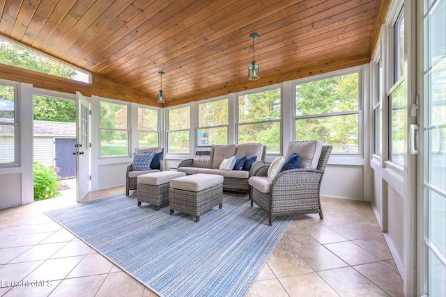 sunroom / solarium with wooden ceiling and vaulted ceiling