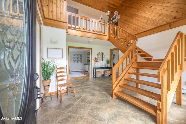 stairs featuring lofted ceiling, an inviting chandelier, and wooden ceiling