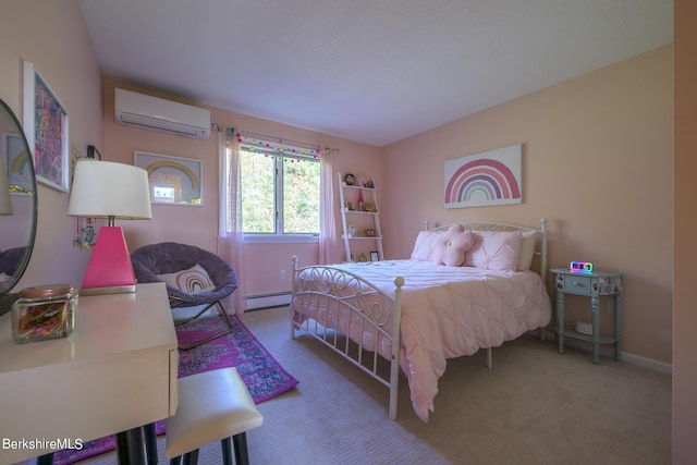 bedroom featuring a wall mounted air conditioner, carpet, and a baseboard heating unit