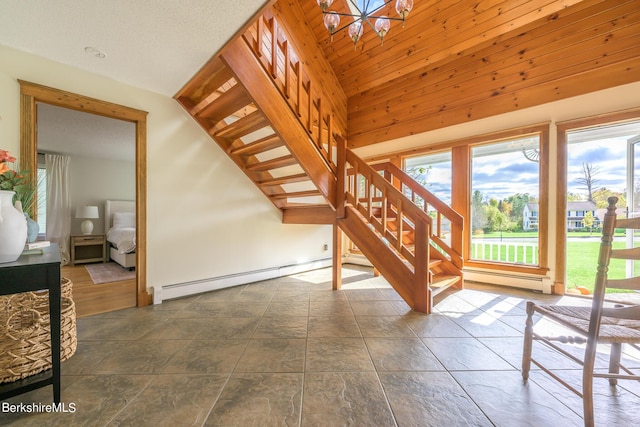 living room featuring lofted ceiling, baseboard heating, and wooden ceiling