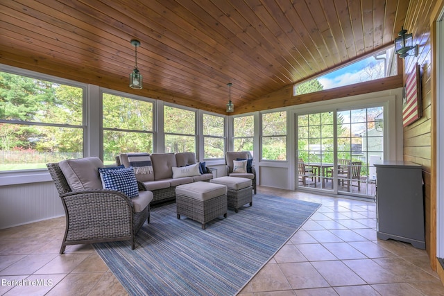 sunroom featuring vaulted ceiling and wooden ceiling