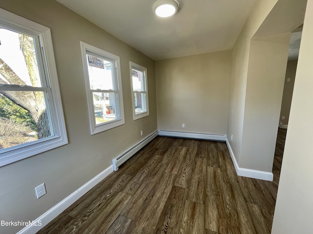 unfurnished room featuring baseboards, dark wood-style flooring, and baseboard heating