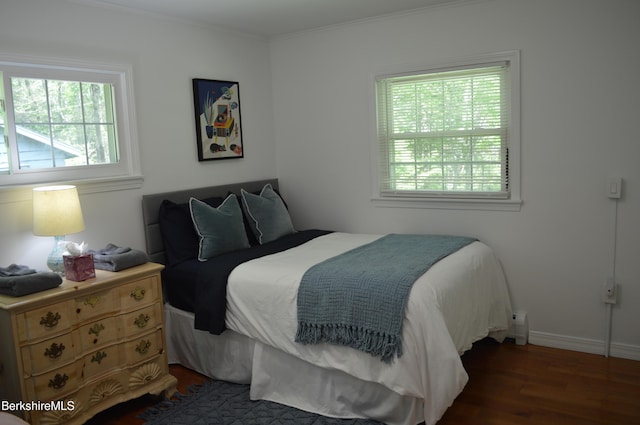 162 Ymca Rd, Becket, MA 01223 - bedroom with dark wood-style flooring, multiple windows, crown molding, and baseboards