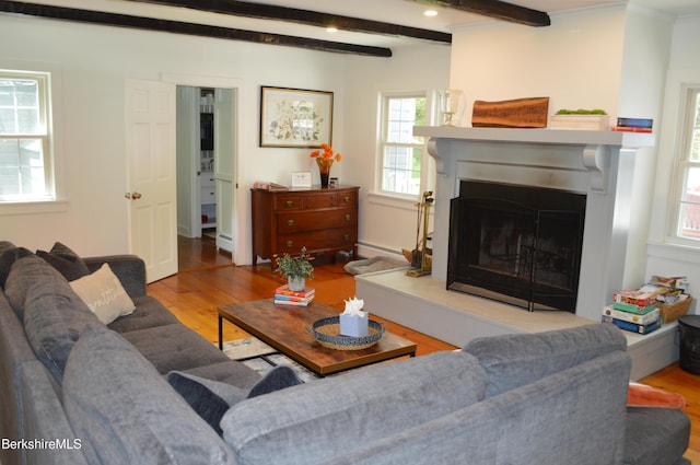 162 Ymca Rd, Becket, MA 01223 - living area featuring wood finished floors, a fireplace with raised hearth, a baseboard radiator, beam ceiling, and recessed lighting