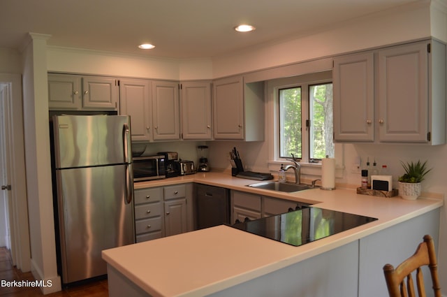 162 Ymca Rd, Becket, MA 01223 - kitchen featuring appliances with stainless steel finishes, gray cabinetry, a peninsula, a sink, and ornamental molding