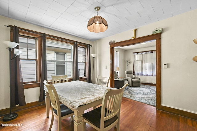 dining space with a wealth of natural light and dark hardwood / wood-style floors