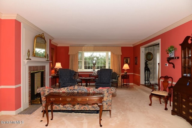 living room featuring a fireplace, ornamental molding, and light carpet