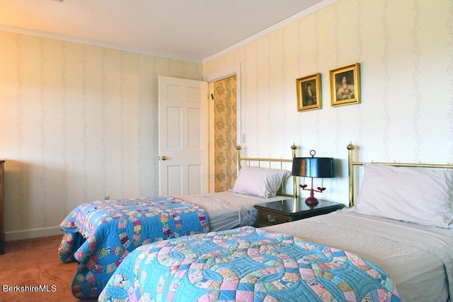 carpeted bedroom with crown molding