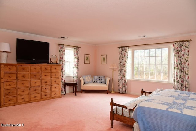 bedroom with carpet floors and ornamental molding