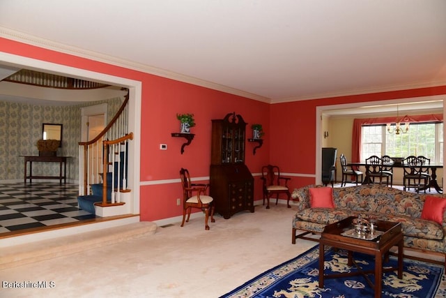 living room with a chandelier, carpet floors, and crown molding