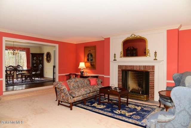 carpeted living room with a brick fireplace and ornamental molding