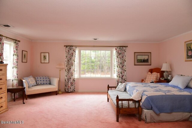 carpeted bedroom with multiple windows and crown molding