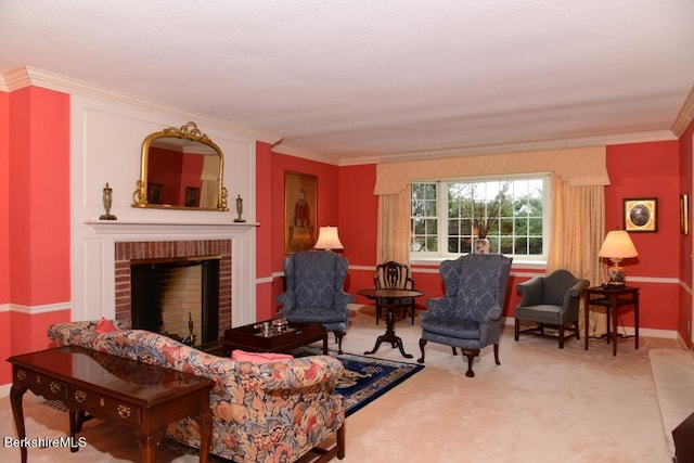 carpeted living room with a brick fireplace and crown molding