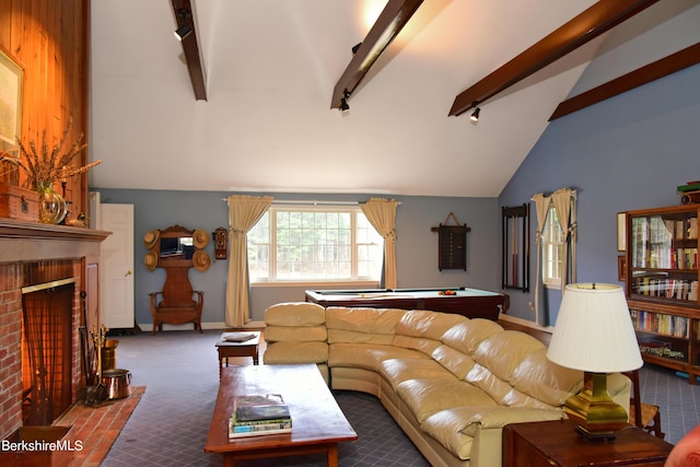 living room with dark colored carpet, vaulted ceiling with beams, billiards, and a brick fireplace