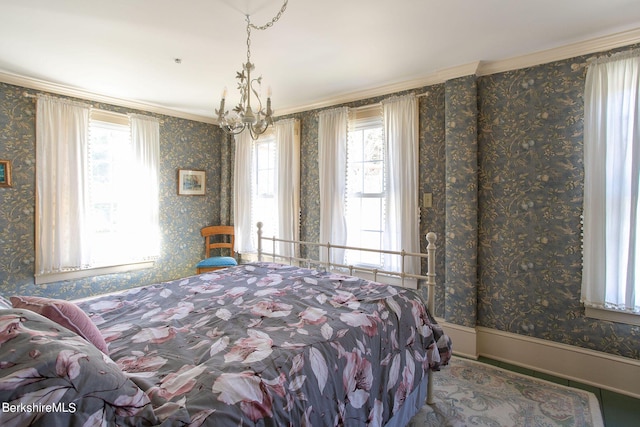 3 Lake Buel Rd, Great Barrington, MA 01230 - bedroom featuring an inviting chandelier, baseboards, ornamental molding, and wallpapered walls