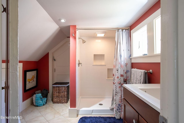 3 Lake Buel Rd, Great Barrington, MA 01230 - bathroom with vanity, tile patterned floors, recessed lighting, a shower stall, and vaulted ceiling