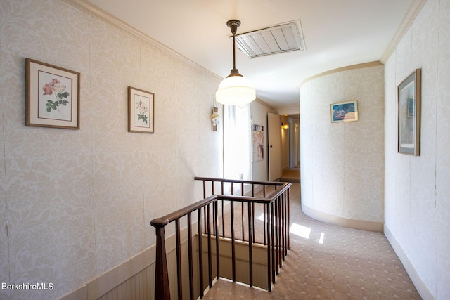 3 Lake Buel Rd, Great Barrington, MA 01230 - hallway featuring carpet floors, ornamental molding, baseboards, wallpapered walls, and an upstairs landing