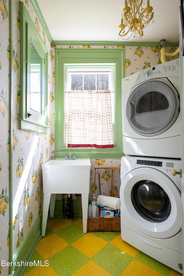 3 Lake Buel Rd, Great Barrington, MA 01230 - washroom with laundry area, stacked washing maching and dryer, tile patterned floors, and wallpapered walls