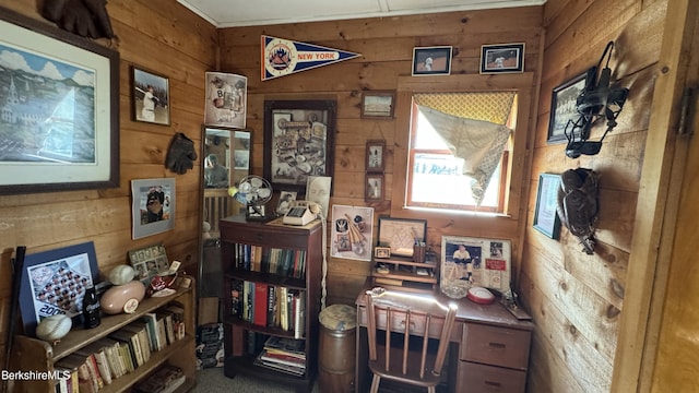 office area with wood walls