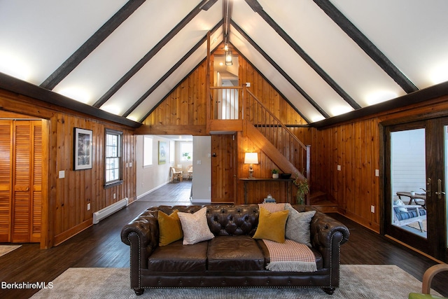 living room featuring a baseboard heating unit, high vaulted ceiling, dark hardwood / wood-style flooring, beamed ceiling, and wood walls