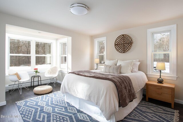 bedroom featuring dark hardwood / wood-style flooring and a baseboard heating unit