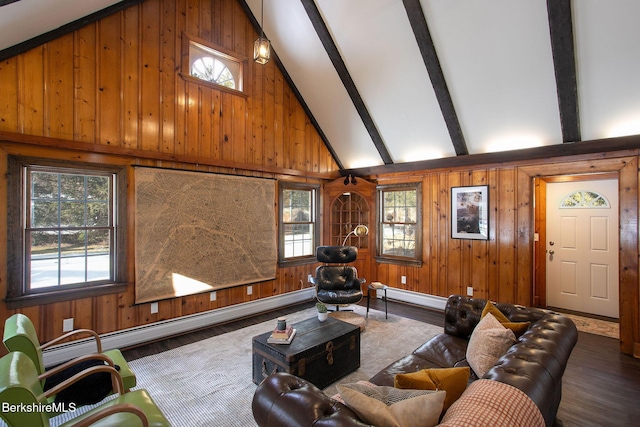 living room with wooden walls, a healthy amount of sunlight, beam ceiling, and a baseboard heating unit