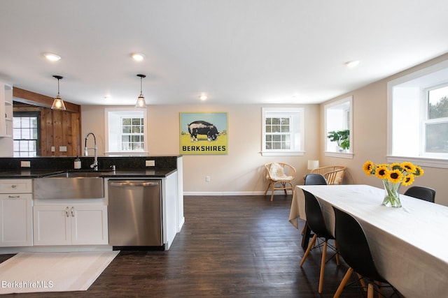 kitchen with white cabinetry, decorative light fixtures, a wealth of natural light, and dishwasher