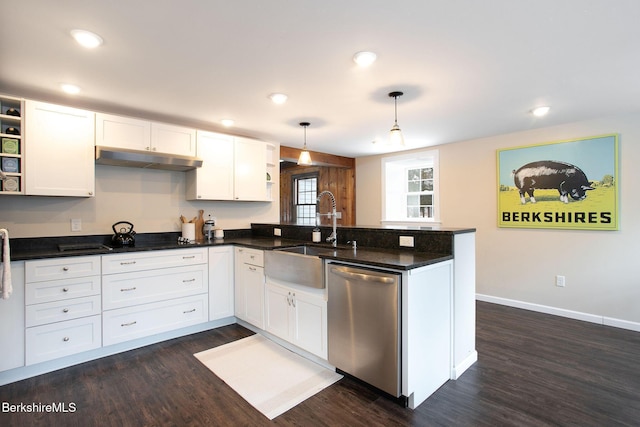 kitchen with pendant lighting, white cabinetry, sink, stainless steel dishwasher, and kitchen peninsula